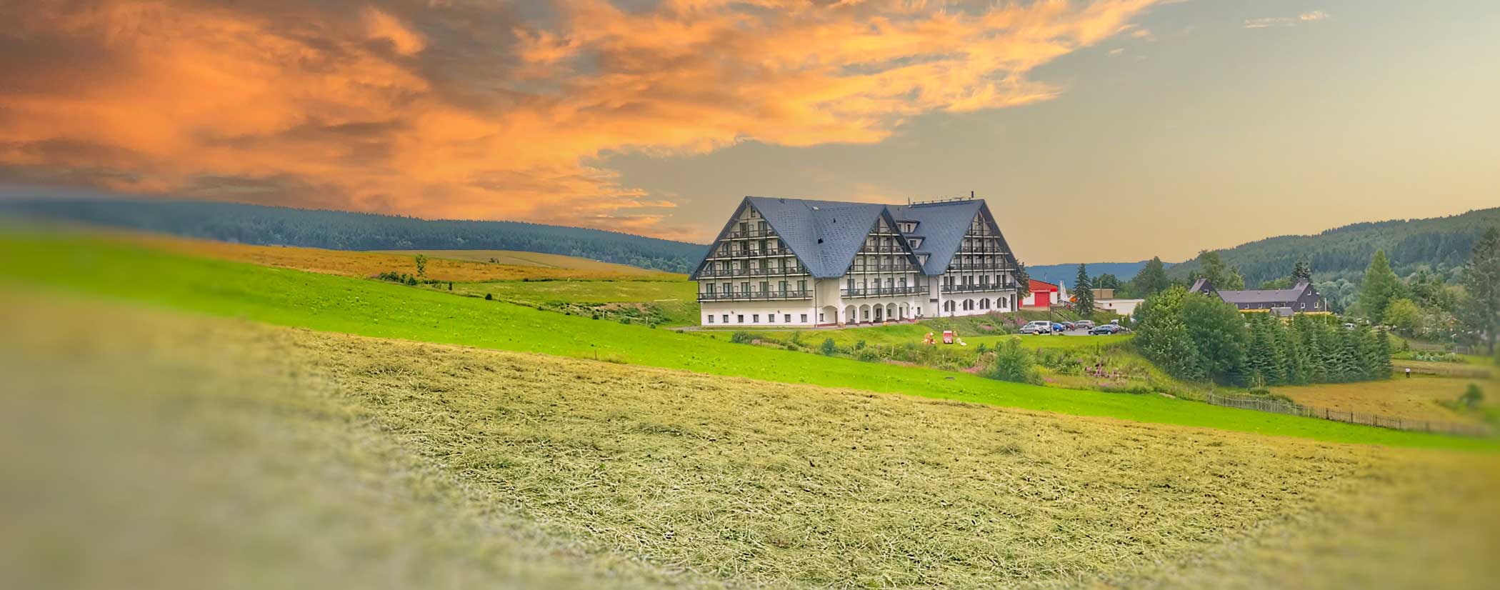 Alpina-Lodge Außenansicht Sommer fern