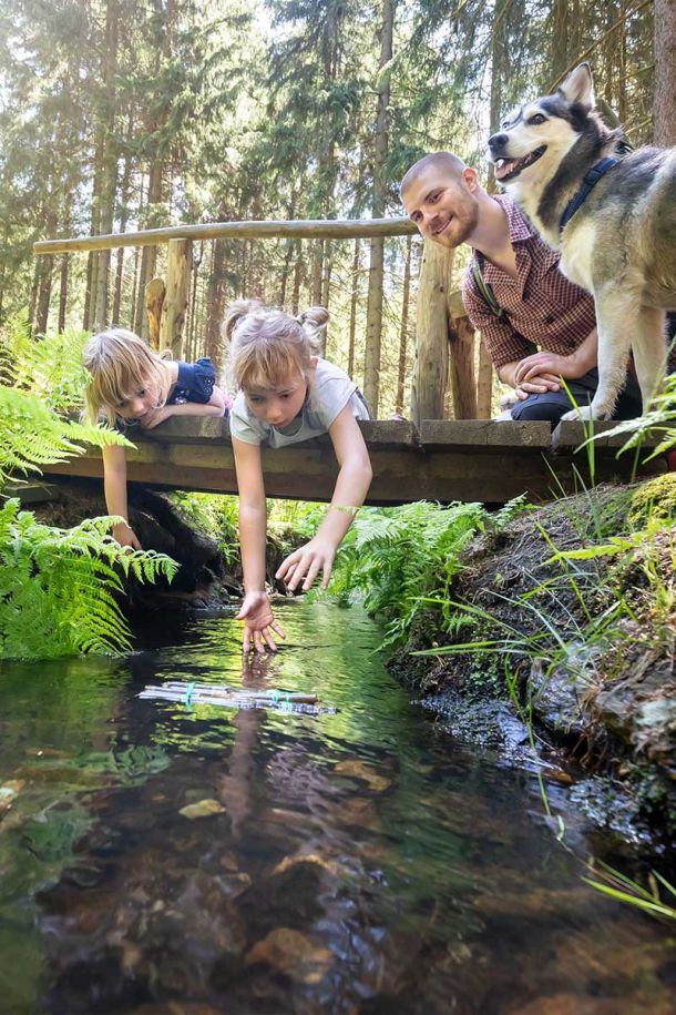 Kinder auf Holzbrücke über Bach fließend