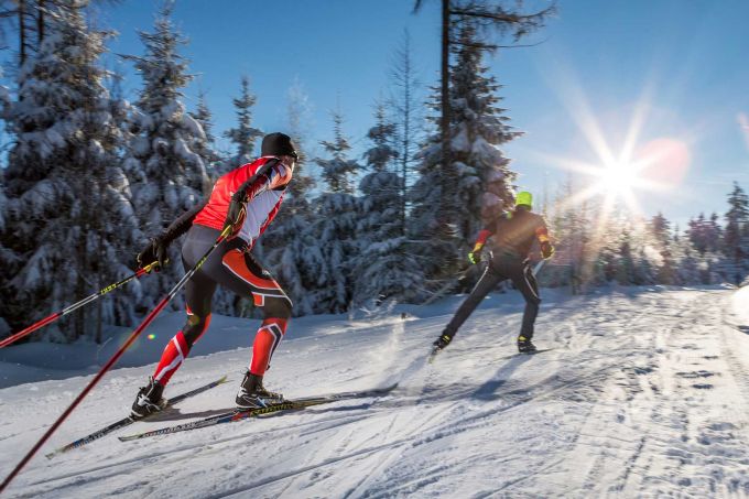 Ski-Langläufer von Hinten im Schnee